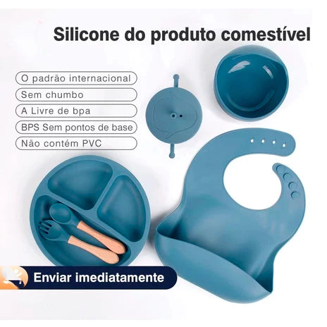 Talheres para bebê silicone 6/8 Peças - kit Talheres Infantil Com Ventosa Canudo Colher Babador Garfo