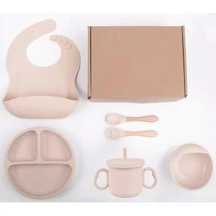 Talheres para bebê silicone 6/8 Peças - kit Talheres Infantil Com Ventosa Canudo Colher Babador Garfo