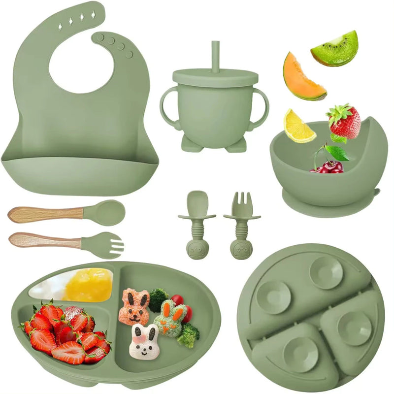 Talheres para bebê silicone 6/8 Peças - kit Talheres Infantil Com Ventosa Canudo Colher Babador Garfo